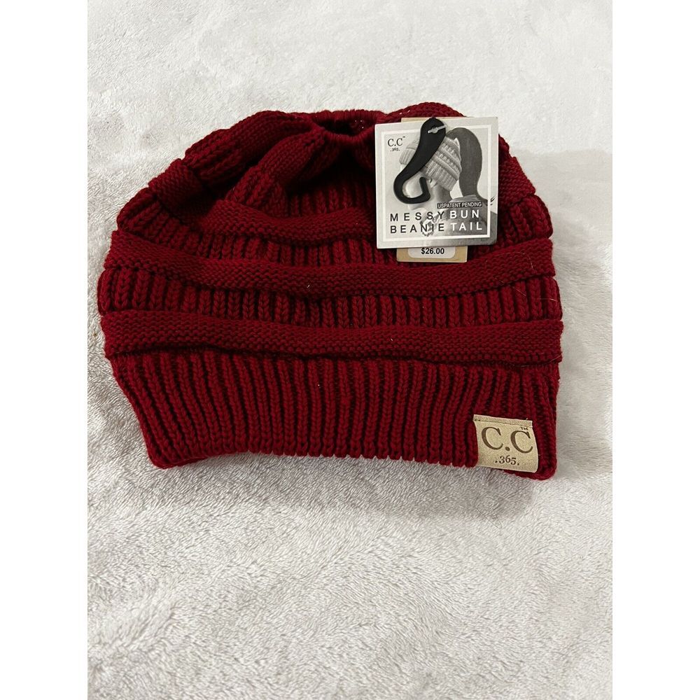 C.C Dark Crimson Red Ponytail Cable Knit Beanie Hat